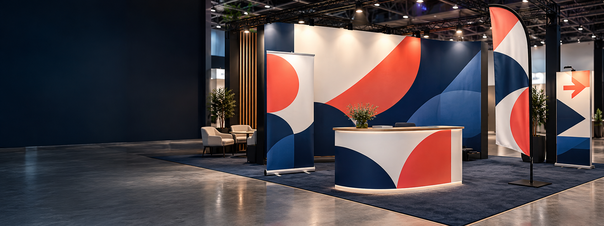 Moderner Messestand mit Roll-up, Messebanner, Werbesegel und Messetheke